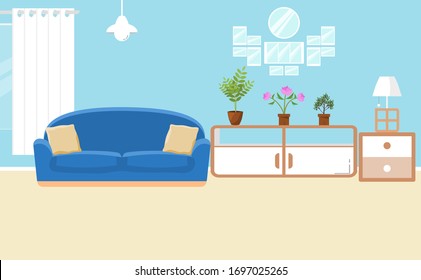 Living room interior vector. Design of a cozy room with sofa, window and decor accessories. Vector illustration about interior