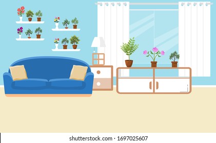 Vector interior de salón. Diseño de una acogedora habitación con sofá, ventana y accesorios de decoración. Ilustración vectorial sobre el interior