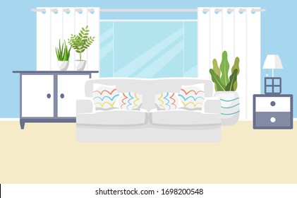 Living room interior vector. Design of a cozy room with sofa, window and decor accessories. Vector illustration about interior