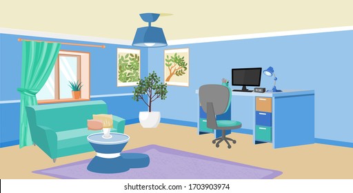 Living room interior vector. Design of a cozy room with sofa, window and decor accessories. Vector illustration about interior