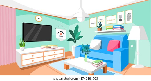 Vector interior de sala de estar. Diseño de una habitación acogedora con sofá, ventana y accesorios de decoración. Ilustración vectorial sobre el interior