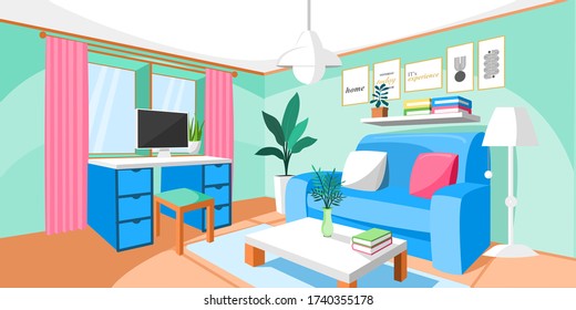Living room interior vector. Design of a cozy room with sofa, window and decor accessories. Vector illustration about interior