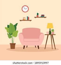 Living room interior vector design. Living room interior with sofa, bookshelves and plants. Vector cartoon illustration of modern lounge