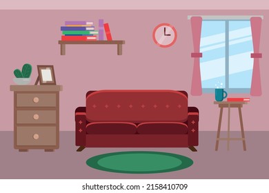 Diseño vectorial de sala de estar: sofá, ventana, mesita de noche, reloj, planta, estante con libros, mesa baja, taza. Imagen del vector	