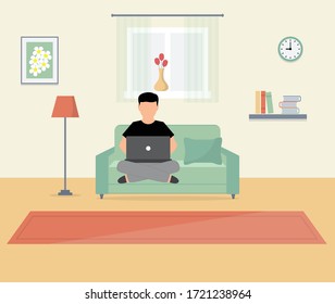 vector interior de salón. habitación plana en casa. quedarse en casa hombre con portátil en el sofá icono de signo de bloqueo icono de bloqueo de la cuarentena