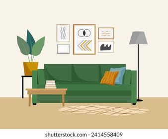 Living room interior. Vector flat illustration with green sofa, plants and paintings on the wall.