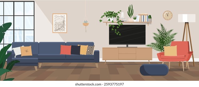 Living room interior. Vector flat cartoon illustration