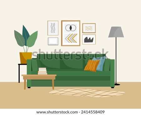 Living room interior. Vector flat illustration with green sofa, plants and paintings on the wall.