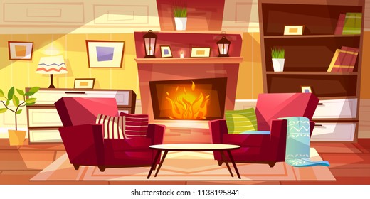 Living room interior vector illustration of cozy modern or retro apartments and furniture. Cartoon background of armchairs at fireplace, table and bookshelf with lamp on drawer
