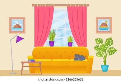 Living room interior. Vector illustration. Lounge with furniture, window, cat. Home background in flat design. Cartoon house equipment.