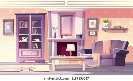 Living room interior vector illustration of apartment in vintage French Provence cozy comfortable style. Modern furniture bookshelf, armchair with blanket and carpet at fireplace