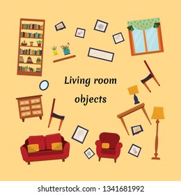 Living room interior. Vector illustration in flat, cartoon style. Interior object set: window, curtain, table, lamp, couch, armchair, accessories, chair, paintings, flowers.