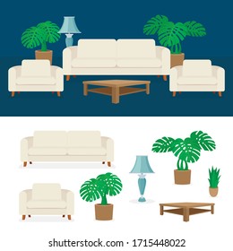 Living room interior vector illustration. Modern bright interior in minimal style with design constructor elements. Part of set.