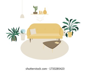 Living room interior vector illustration. Apartment with plants, sofa and table vector illustration isolated on white