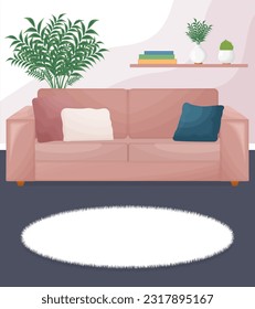 Living room interior. Vector illustration. Sofa, rug, books, vase, plant. Background for designs