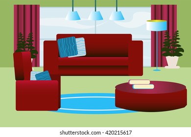 Living room interior vector illustration. Sofa , armchair , coffee table and a few books