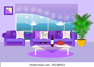 Living room interior vector illustration, furniture , plant, sea view