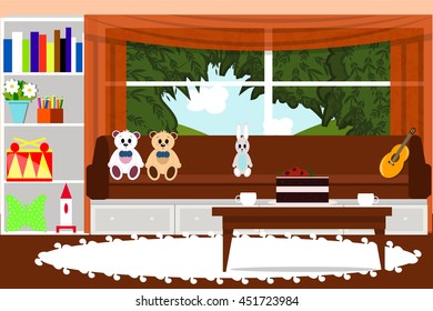 Living room interior vector illustration. Tea, cake, tea, furniture
