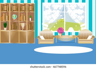 Living room interior vector illustration. Cartoon. Bookcase, chair, table, living room in blue color