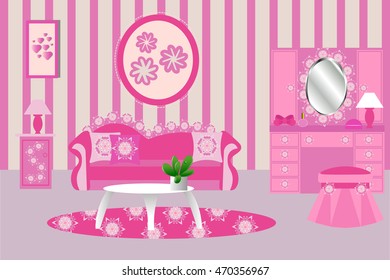 Living room interior vector illustration. Pink living room