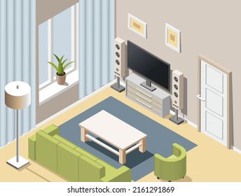 Living room interior vector isometric illustration