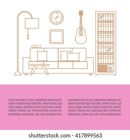 Living room interior. Vector line  illustration. Flyer shop template.