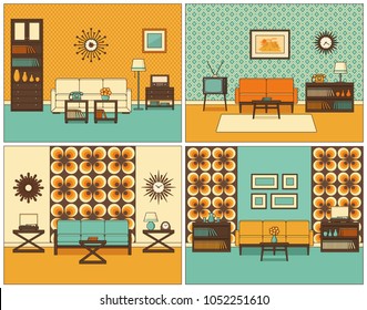 Living Room Interior. Vector. Linear Rooms With Furniture. Retro Line Home Space, House Equipment. Flat Thin Line Art Style Illustration. Set Of Outline Sketch. Vintage Design Background 1950s - 1960s