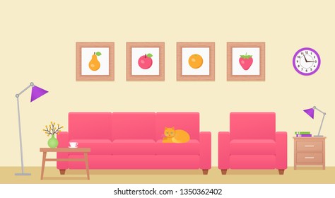 Living room. Room interior. Vector. Lounge with furniture. Cartoon home background. House equipment with pink sofa and table. Colorful animated illustration in flat design. Parlor in modern apartment.