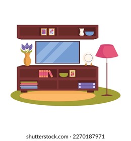  Living room interior. Vector, no background. Wardrobe, TV, flower vase, floor lamp, books, carpet, paintings, decor.