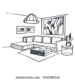 Living room interior. Vector  sketch illustration.