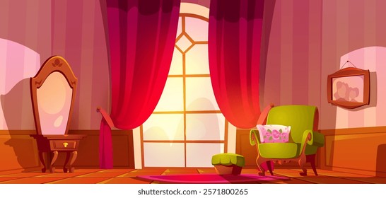 Living room interior in Victorian luxury style. Vector illustration, cartoon. Living room interior with large window and crimson curtains with armchair and dark wood dressing table in luxurious vintag