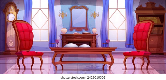 Living room interior in Victorian style. Vintage lounge area with classic wooden furniture, luxury armchairs, table, retro bookcase and fireplace. Banner design. Cartoon flat vector illustration