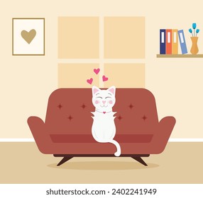 Living room interior with wall frame, bookshelf and plants. A cute cat sitting on a sofa couch. Flat design vector illustration. Aesthetic decor