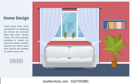 Living room interior web banner with text sample. Hall design including sofa, window, bookshelf, houseplant. Indoor home decoration template in flat style. Vector illustration.