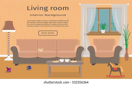 Living room interior web design banner  including a sofa, armchair, coffee table, toys. Vector illustration in a flat style