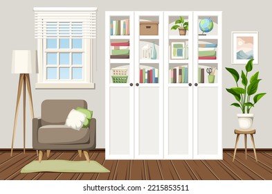 Living room interior with white bookcases and an armchair. Scandinavian interior design. Cartoon vector illustration