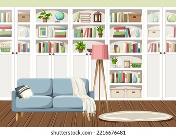 Living room interior with white bookcases and a blue sofa. Scandinavian interior design. Cartoon vector illustration