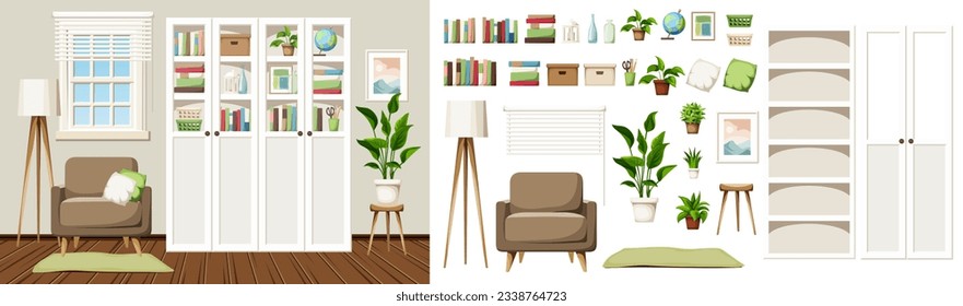 Living room interior with white bookcases and an armchair. Scandinavian interior design. Furniture set. Interior constructor. Cartoon vector illustration