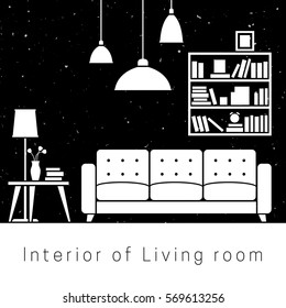 Living room interior with white silhouettes of furniture