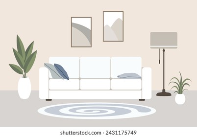 Living room interior with white sofa. Flat vector illustration.