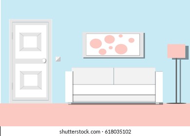 Living room interior with white sofa and white door. Flat vector Illustration.