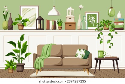 El interior del salón con paneles de pared blanca, un sofá, una mesa, cuadros, libros y plantas de la casa. El acogedor diseño interior de la sala de estar. Ilustración vectorial de dibujos animados. Ilustración de mano, no IA