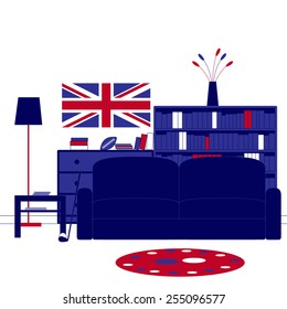 Living room interior with white walls, oval carpet, sofa, floor lamp, coffee table, chest of drawers, shelving, books, magazines, newspapers, vase, flowers, rugby ball, golf club, ball, Union Jack
