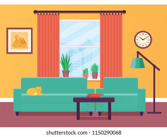 Living room interior with window in flat design. Vector illustration. Colorful background.