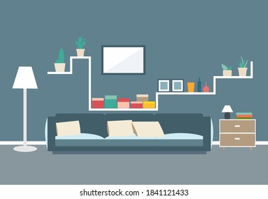 Living room interior with window in flat design. Vector illustration. Background