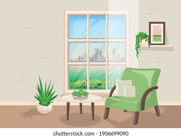 Living room interior with window and furniture and houseplants in the daytime. Vector illustration for the interior of the room.