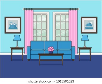 Living room interior with window. Linear room in flat design. Vector illustration. Outline background. Home space with furniture in line art style. Cartoon house equipment including sofa and table.