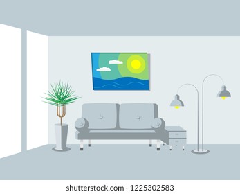 living room interior. window, sofa, plant, picture, lamps. simple flat vector illustration easy to edit and customize. eps10