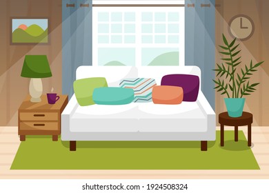 Living room interior with window. Sofa with pillows, home flowers, bedside table with lamp. Vector flat illustration.