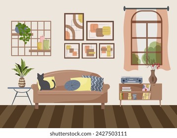 Living room interior with window. Sofa and table, paintings on the wall. Shelves for accessories and flowers. Cabinet with record player. Cat sitting on a sofa with pillows. Vector flat illustration. 